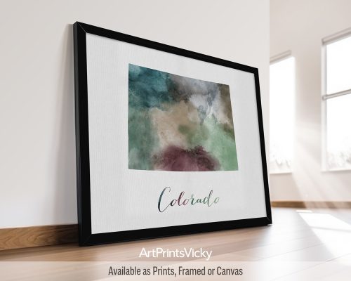 Earthy watercolor print of the Colorado state map, with "Colorado" written below in handwritten script, on a textured background. Perfect for lovers of Rocky Mountain landscapes by ArtPrintsVicky.