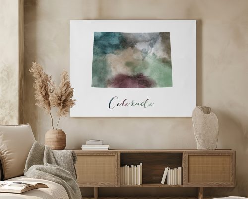 Colorado Map Wall Art Poster, featuring the iconic state in earthy watercolors. Available as unframed, wooden framed or wrapped canvas by ArtPrintsVicky.