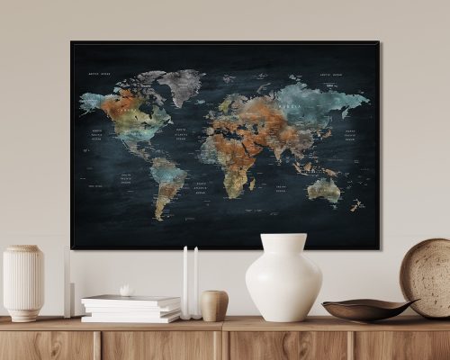 World map featuring colorful regions and labeled countries on a dark background.