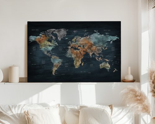 World map featuring various colors on a dark background, displayed on a wall.