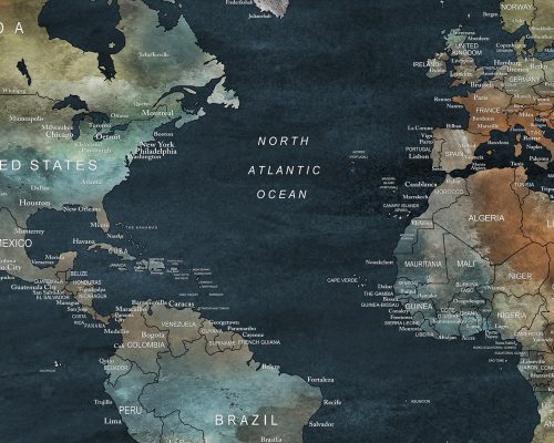 World map featuring countries and oceans on a dark blue background with labeled regions.