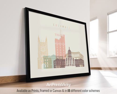 columbia mo Columbia MO city skyline print rendered in a warm Pastel Cream palette with landscape orientation by ArtPrintsVicky