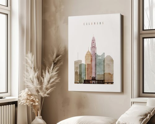 Artistic representation of Columbus skyline featuring various buildings in soft colors.