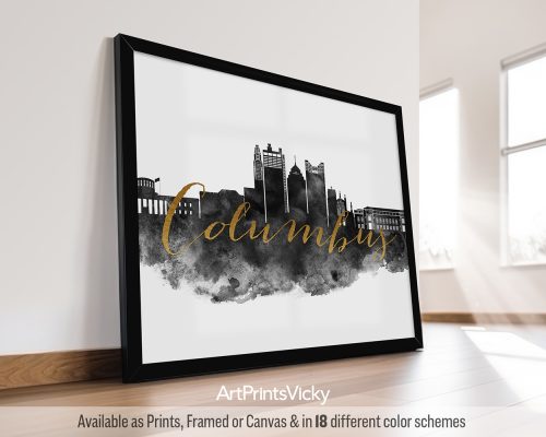 Black and white Columbus city print with faux gold "Columbus" title by ArtPrintsVicky