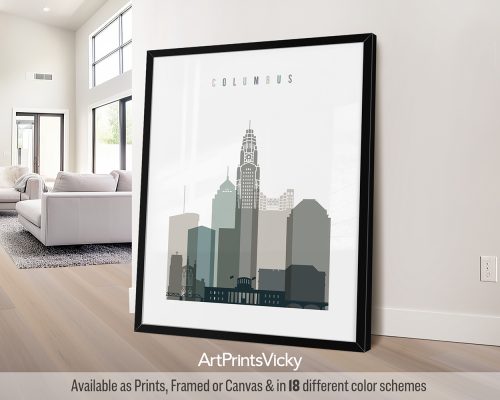 Minimalist Columbus skyline print featuring iconic landmarks,and vibrant cityscape in a cool, natural Earth Tones 4 palette, by ArtPrintsVicky.