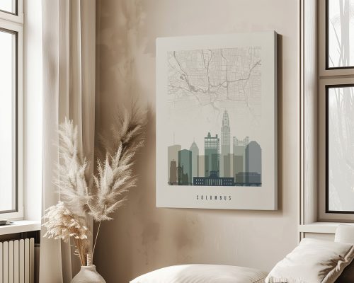 Map of Columbus featuring a skyline illustration and street layout in a minimalist design.