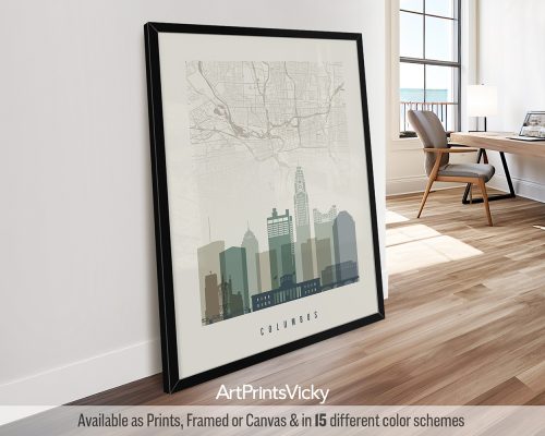 Columbus city map with skyline poster in Earth Tones 1 theme by ArtPrintsVicky.