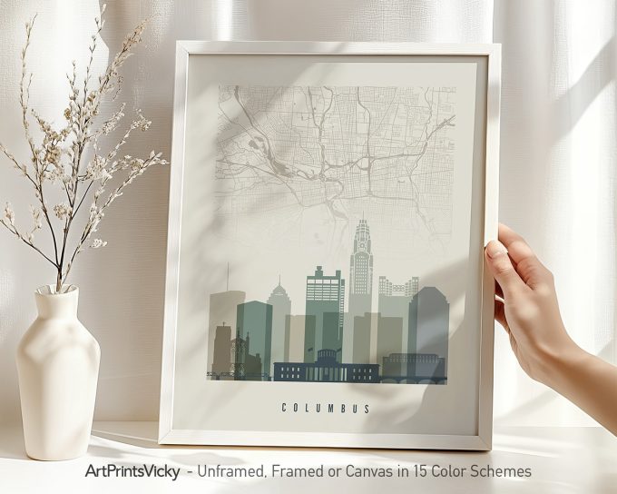Framed map of Columbus featuring a skyline and street layout in a minimalist design.