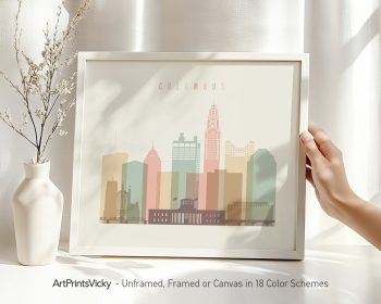 Art print featuring a stylized skyline of Columbus with various building silhouettes in pastel colors.