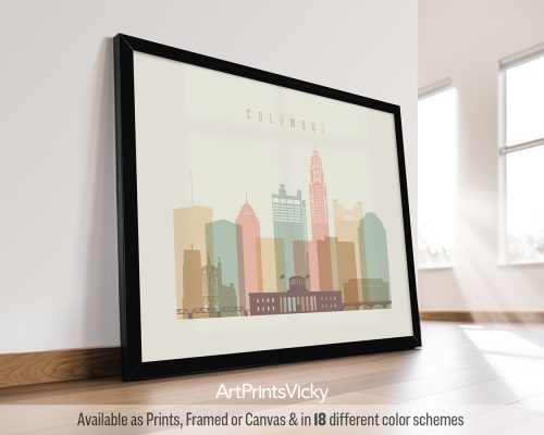 Columbus, Ohio city skyline print rendered in a warm Pastel Cream palette with landscape orientation by ArtPrintsVicky