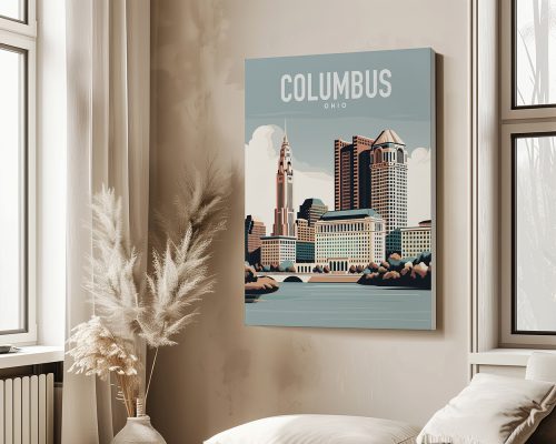 Art print featuring a stylized cityscape of Columbus, Ohio with notable buildings and a river.