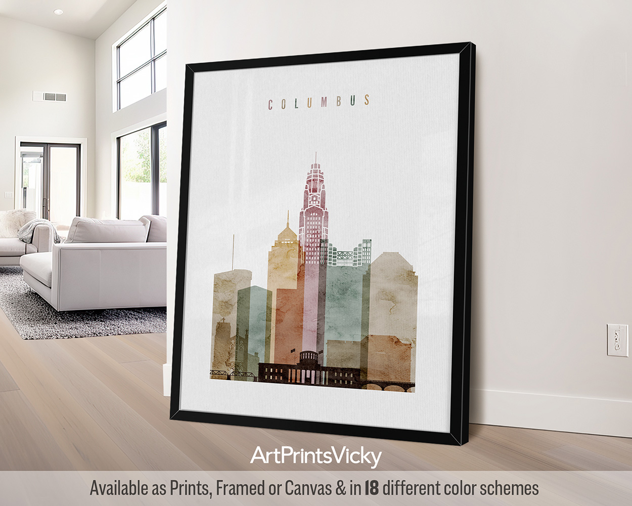 Watercolor Cityscape Print: Columbus Skyline