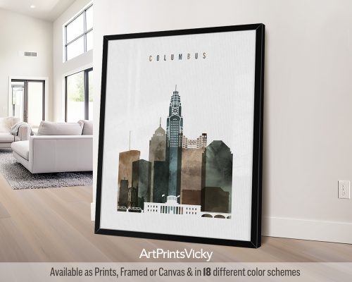 Columbus city skyline print featuring the Scioto Mile, iconic landmarks, and vibrant cityscape in a rich and textured earthy Watercolor 2 style, by ArtPrintsVicky.