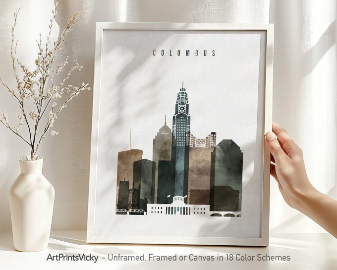 Framed artwork of the Columbus city skyline with a modern design and muted colors.
