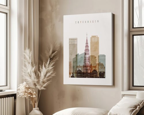 Art print featuring a stylized cityscape of Copenhagen with various buildings and a tower.