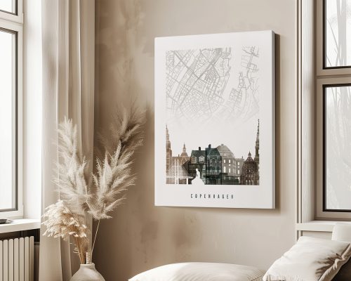 Art print featuring a detailed map of Copenhagen with architectural elements and the city name.