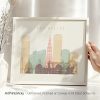 Art print of Copenhagen cityscape featuring notable buildings and structures in pastel colors.