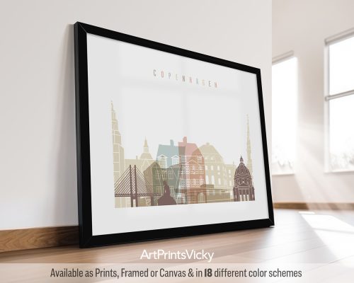 Pastel white Copenhagen city skyline poster in landscape format featuring Nyhavn houses, and spires, by ArtPrintsVicky