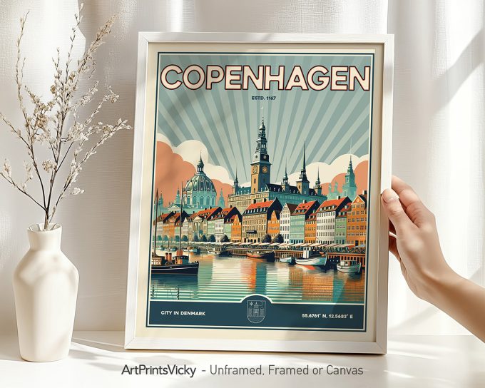 Framed print of Copenhagen featuring buildings and a skyline with a sunburst background.