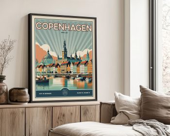 Retro art print of Copenhagen featuring buildings and a waterfront scene in pastel colors.