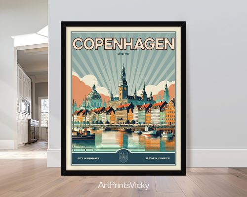 Vintage Copenhagen cityscape art print on black background
