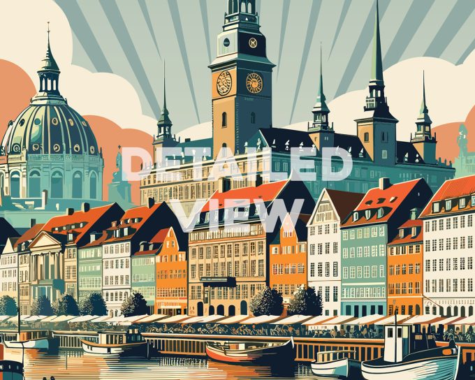Retro illustration of Copenhagen featuring buildings and a clock tower in a stylized design.