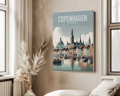 Art print featuring a stylized illustration of Copenhagen's waterfront with buildings and a church tower.