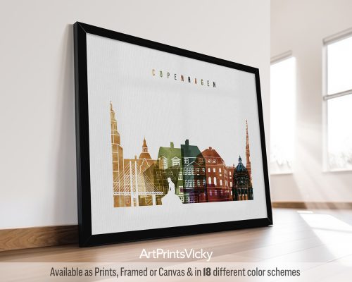 Copenhagen landscape skyline featuring Nyhavn, Tivoli Gardens, iconic landmarks, and the vibrant waterfront in a rich and colorful Watercolor 3 style, by ArtPrintsVicky.