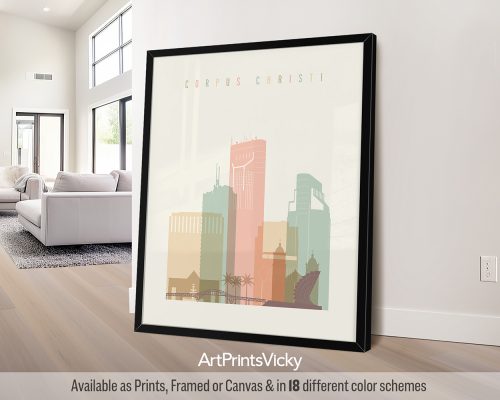 Corpus Christi skyline featuring iconic landmarks and coastal features in a soft, vintage-inspired pastel cream palette, by ArtPrintsVicky.
