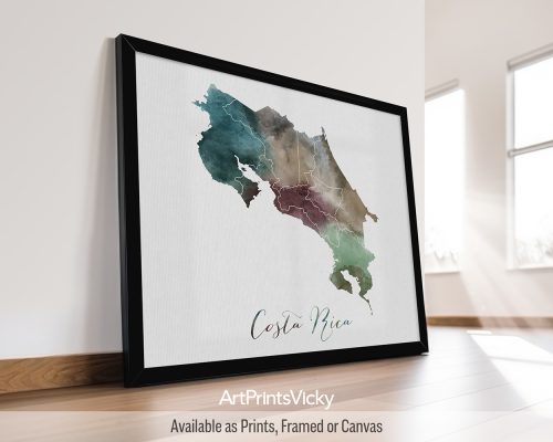Costa Rica landscape map poster in a rich and textured Earthy Watercolor style, by ArtPrintsVicky.