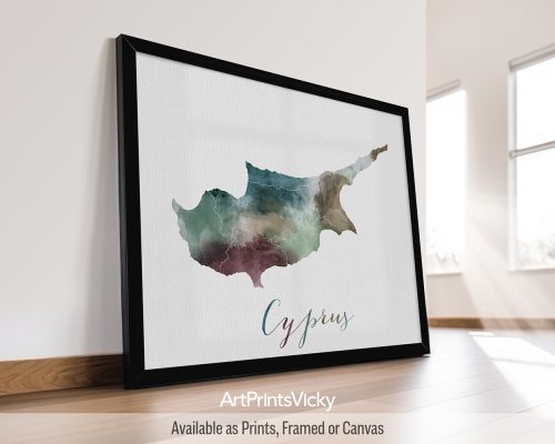 Earthy watercolor print of the Cyprus map, with "Cyprus" written below in handwritten script, on a textured background. Perfect for lovers of Mediterranean landscapes and ancient history by ArtPrintsVicky.
