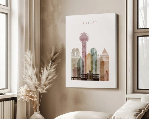 Artistic representation of the Dallas city skyline featuring notable buildings and the Dallas Tower.