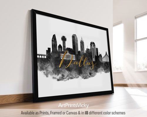 Black and white Dallas city print with faux gold "Dallas" title by ArtPrintsVicky