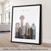 Art print featuring a stylized illustration of the Dallas city skyline with notable buildings.