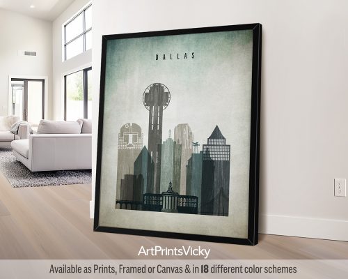 Dallas city print with a heavily worn Distressed 3 style by ArtPrintsVicky