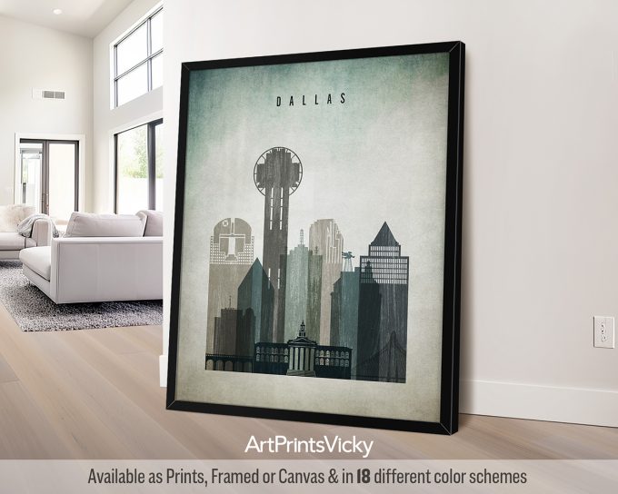 Art print featuring a stylized cityscape of Dallas with notable buildings and landmarks.
