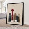 Art print featuring a stylized representation of the Dallas city skyline with notable buildings.