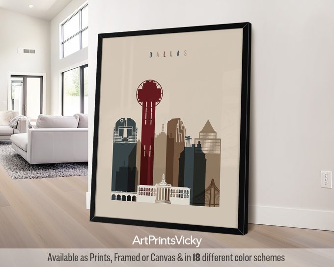 Art print featuring a stylized representation of the Dallas city skyline with notable buildings.