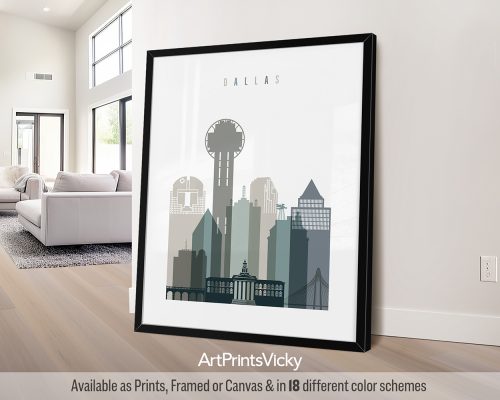 Dallas minimalist city print in cool Earth Tones 4 style. Features iconic skyline elements and a Texan vibe by ArtPrintsVicky