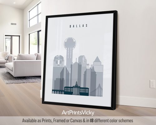 Dallas city poster in minimalist Grey Blue style by ArtPrintsVicky