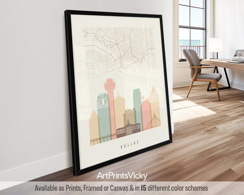 Dallas city map with skyline poster in Pastel Cream theme by ArtPrintsVicky.