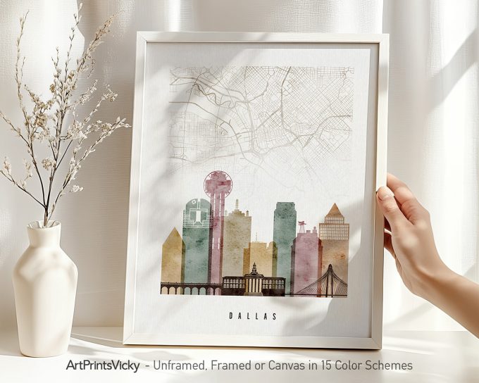 Art print of Dallas skyline with a map background and stylized buildings in various colors.