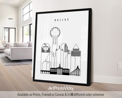 Black outline minimalist Dallas skyline print by ArtPrintsVicky