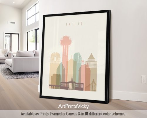 Dallas, Texas city skyline print in a warm Pastel Cream color theme by ArtPrintsVicky