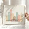 Art print of the Dallas skyline featuring various iconic buildings in pastel colors.