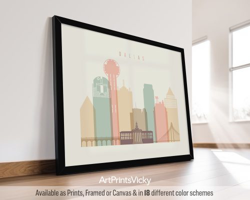 Dallas, Texas city skyline print rendered in a warm Pastel Cream palette with landscape orientation by ArtPrintsVicky
