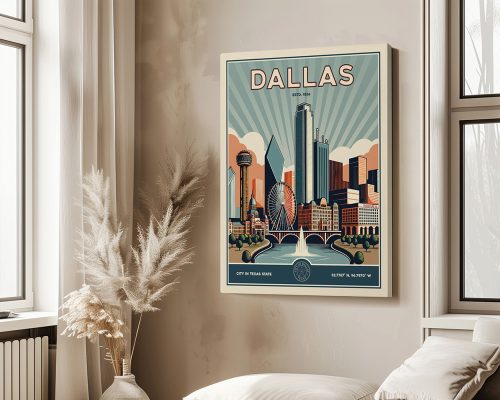 Retro-style poster of Dallas featuring the skyline and a Ferris wheel.