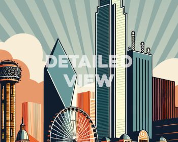 Illustration of Dallas cityscape featuring skyscrapers, a Ferris wheel, and a tower.