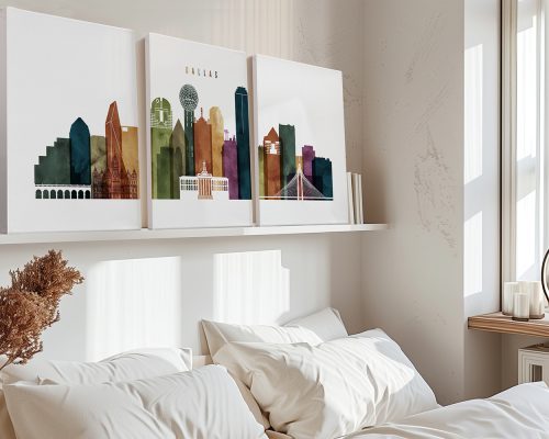 Three canvas prints depicting a stylized cityscape of Dallas with various buildings and landmarks.