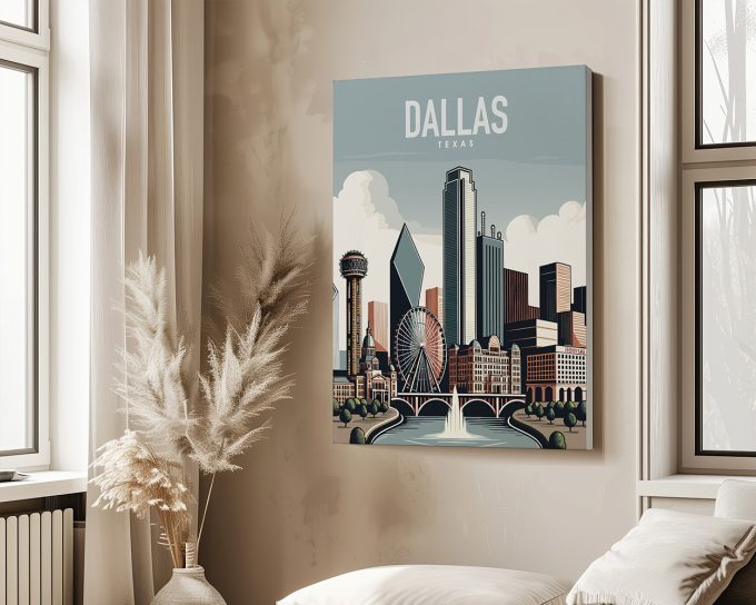 Illustration of Dallas, Texas skyline featuring notable buildings and landmarks.